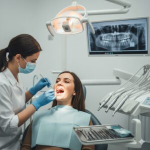 Mulher deitada no dentista