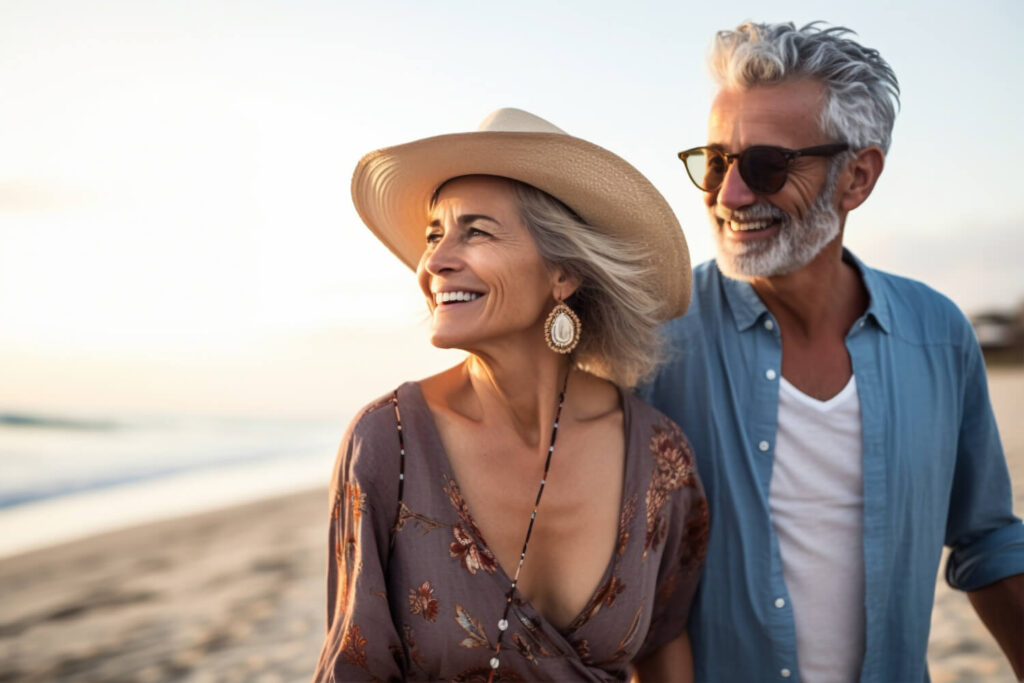 Casal sênior sorridente caminha na praia ao pôr do sol, celebrando a durabilidade e longevidade do implante dentário em Bauru.